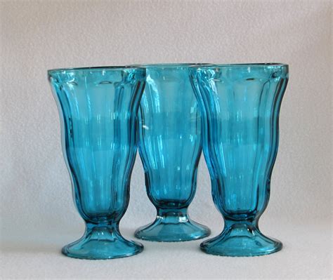 Tall Ocean Aqua Blue Sundae Glasses 3 Vintage By Dayjahview
