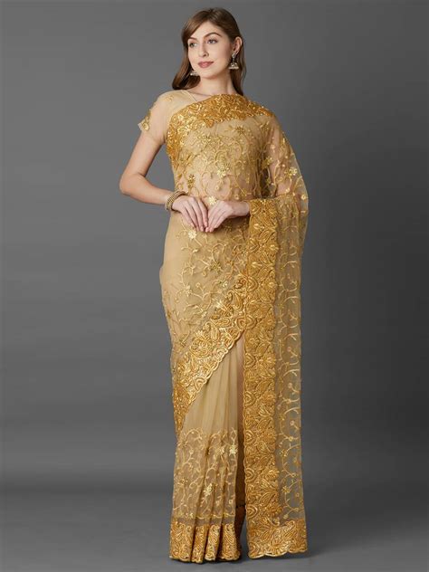 Beige Embroidered Net Saree With Blouse Glowsilk 3009527