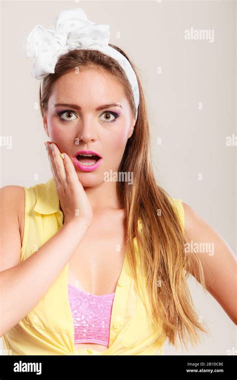 Amazed Surprised Pin Up Girl With Mouth Wide Open Portrait Of