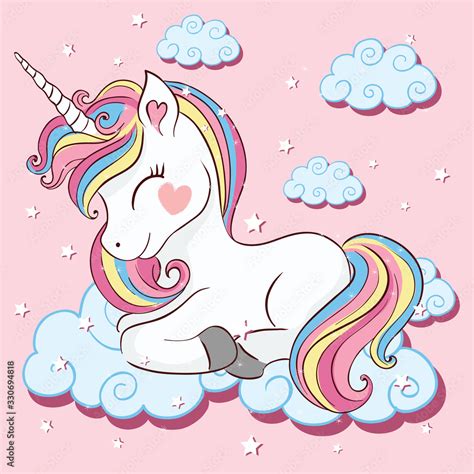 Cute Unicorn On Cloud Vector Illustration Children Artworks Fashion