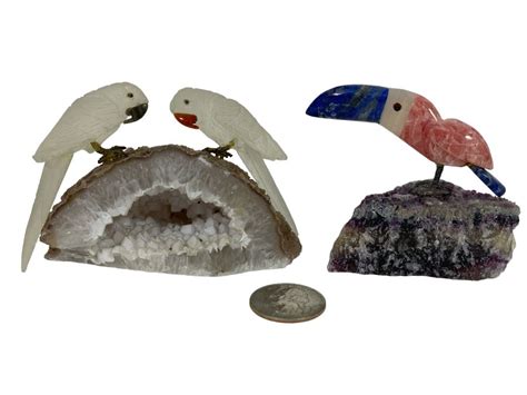 Pair Of Carved Semi Precious Stone Birds On Geodes