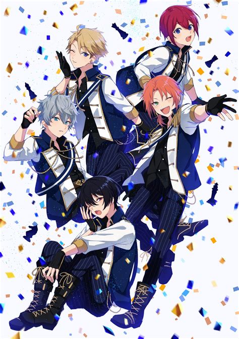 Four Anime Characters Sitting On The Ground Surrounded By Confetti