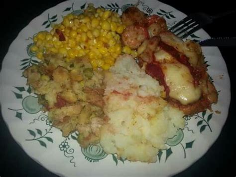 Mom In Laws Parmesean Cheesy Chicken Stuffing Mashed Potato Shrimp