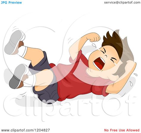Cartoon Of A Brunette White Boy Throwing A Temper Tantrum On The Floor