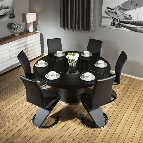 Modern Large Round Black Oak Dining Table 6 Black Z Shape Chairs 6736