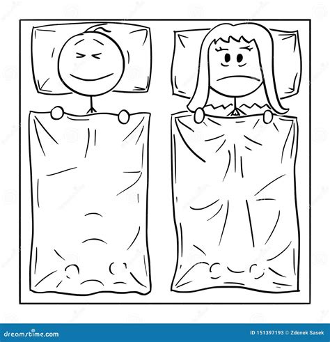 vector cartoon of couple lying in bed man is sleeping woman is thinking about problem or