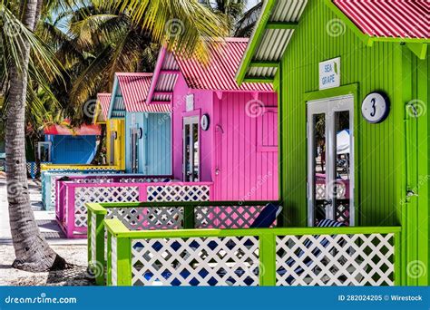 Row Of Colorful Beach Huts Surrounded By Palm Trees Editorial Image