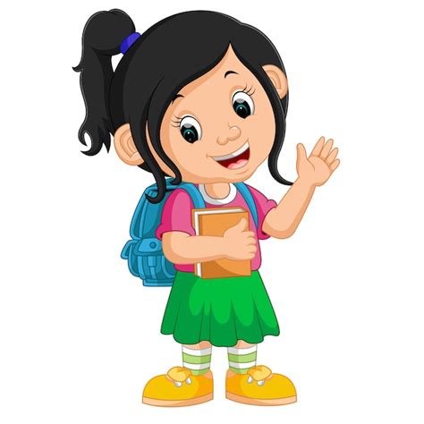 Cute Girl Go To School Cartoon Premium Vector