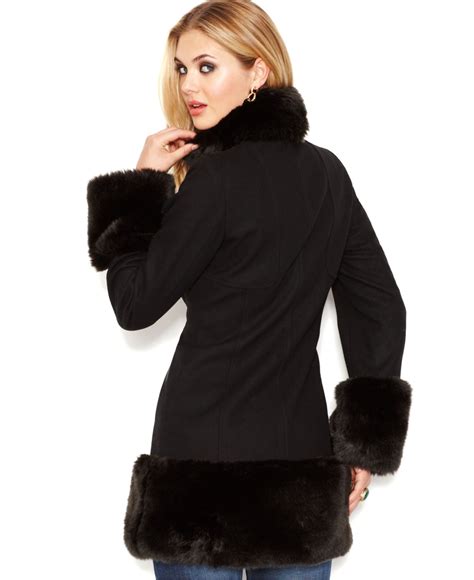 Guess Stand Collar Faux Fur Trim Coat In Black Lyst
