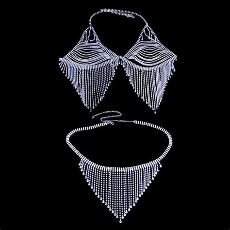 tassel crystal bralette set bikini top body chain bra necklace for women underwear rhinestone