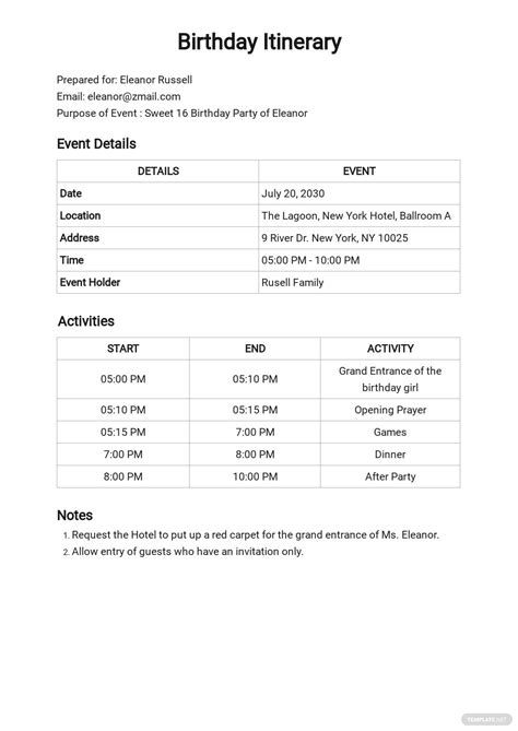 Birthday Itinerary Template [Free PDF] - Word (DOC) | Apple (MAC) Pages | Google Docs