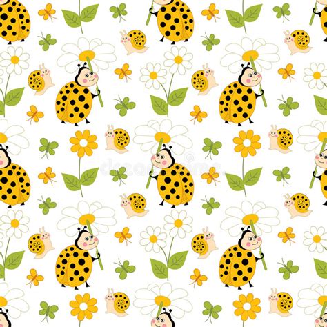 Vector Seamless Pattern With Ladybug Snail And Butterfly Insects