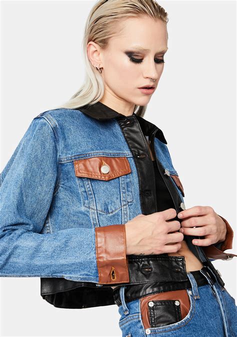 Crop Denim Jacket With Vegan Leather Details Dolls Kill