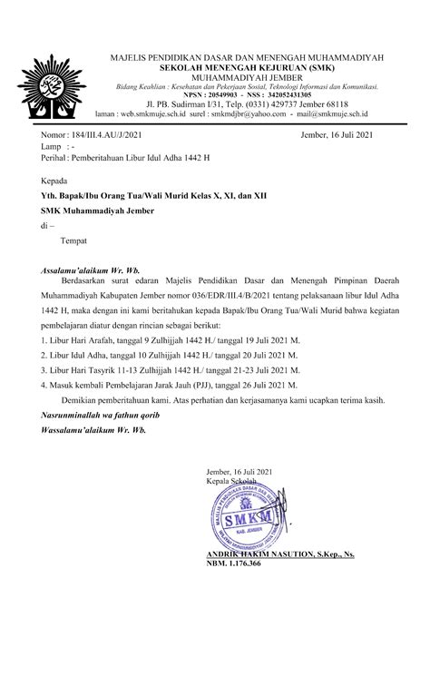 Pemberitahuan Libur Hari Raya Idul Adha 1442h News Smk Muhammadiyah