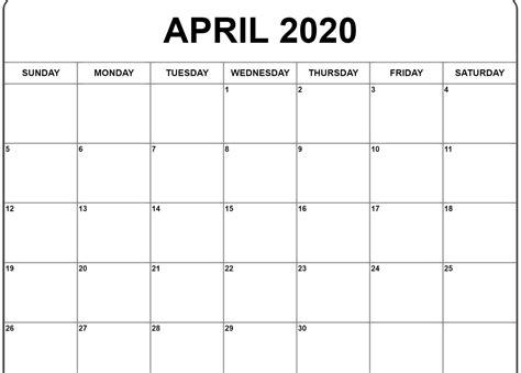 April 2020 Calendar Template Excel Calendar Template Blank Calendar