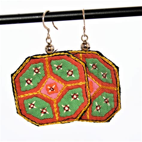 The Elephant Story | Hmong Fabric Earrings (Orange with Green accents ...