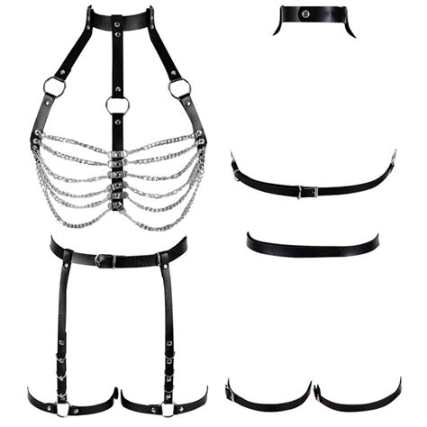 Goth Rave Leather Body Harness Bra Sexy Lingerie Garter Belt Set Full