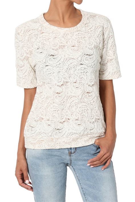 Themogan Womens Short Sleeve Crew Neck Lace Knit Pullover Blouse Cream Top