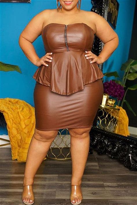 Brown Sexy Casual Solid Patchwork Backless Strapless Plus Size Two Piecesplus Size Two Pieces