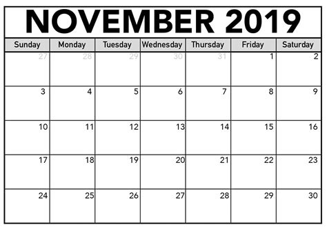 A November Calendar With The Holidays In Black And White