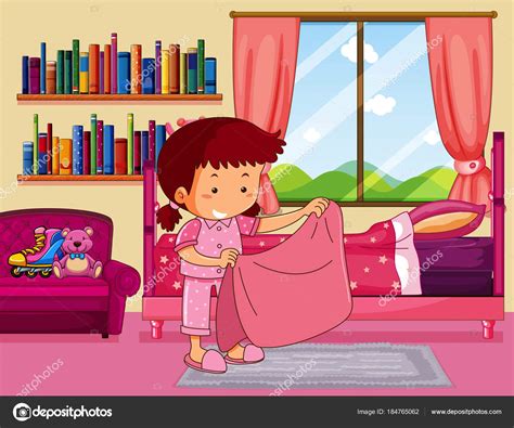 chica haciendo cama en el dormitorio — vector de stock © interactimages 184765062