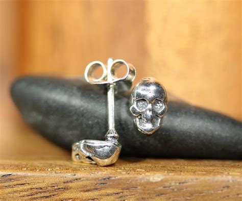 Silver Skull Earrings Skeleton Earrings Skull Jewelry Mens Stud
