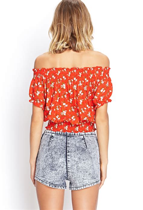 Lyst Forever 21 Floral Off The Shoulder Top In Red
