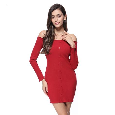 Red Elegant Off Shoulder Dress Women Slash Neck Slim Pencil Party Dress