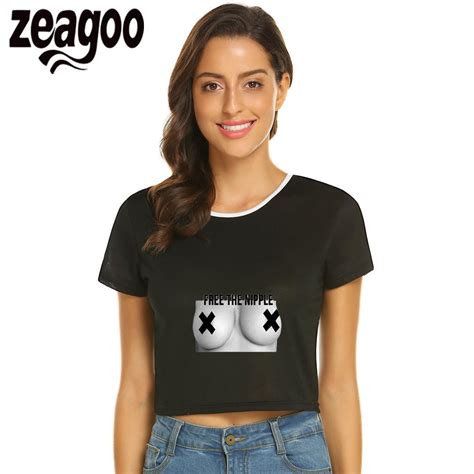 Zeagoo 6291 Casual O Neck Short Sleeve Solid Exposed Navel T Shirt 3d Chest Woment Shirts