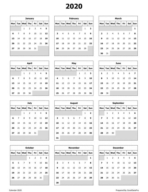 Downloadable 2020 Yearly Calendar Template Excel Contoh Gambar Template