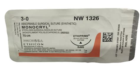 Ethicon Monocryl Nw 1326 Absorbable Suture Usp 3 0 70cm Box Of 12