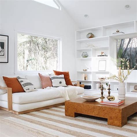 California Casual Living Room White Sofa Modern Minimal Burl Wood