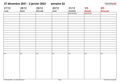 Calendrier Hebdomadaire 2022 Excel Word Et Pdf