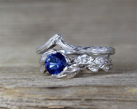 Blue Sapphire Leaf Ring Set Bridal Set Nature White Gold Leaf