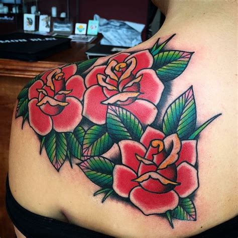 Large Traditional Red Roses Tattoo On The Shoulder And Back By Simon