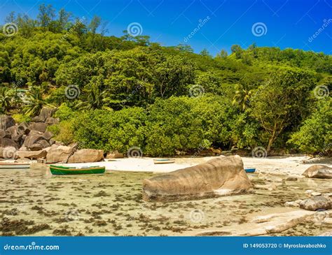 Beautiful Tropical Landscape Of A Rocky Beach Seychelles Stock Photo