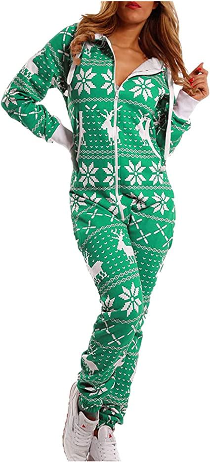 Yuelove Damen Overall Einteiler Gedruckte Pyjama Jumpsuit Schlafanzug Weihnachten Trainingsanzug