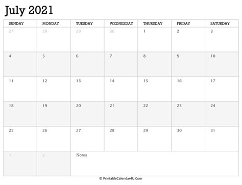 Printable Calendar July 2021 With Holidays