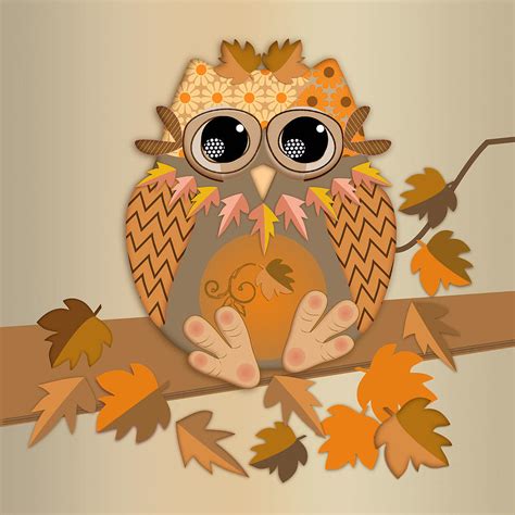 Cute Fall Owl With Leaves Digital Art By Thea Walstra Fine Art America
