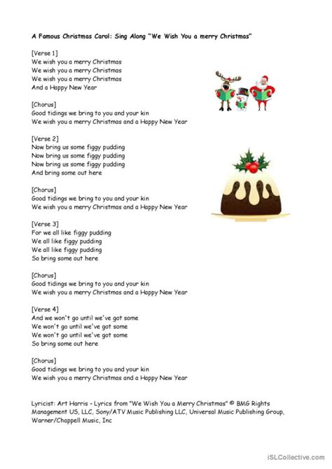 We Wish You A Merry Christmas Lyrics Fran Ais Fle Fiches Pedagogiques