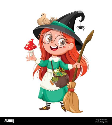 Happy Halloween Cute Girl Witch Beautiful Little Witch Cartoon Character Stock Vector