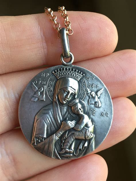 Virgin Mary Necklace Medal Antique Silver Spanish Perpetual Help