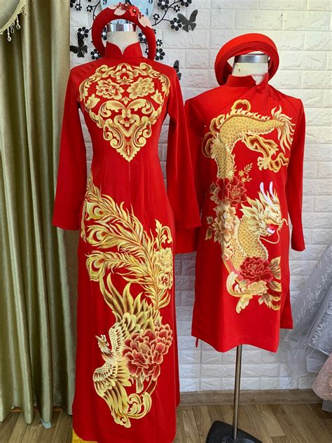 Traditional Vietnamese Wedding Ao Dai In Red With Gold Printed Patterns