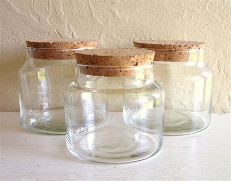 Three Matching Glass Apothecary Jars With Cork Lids By Shabbynchic
