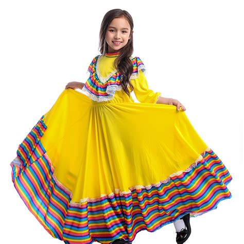 Traditional Mexican Girl Long Dress National Dance Clothing Childrens