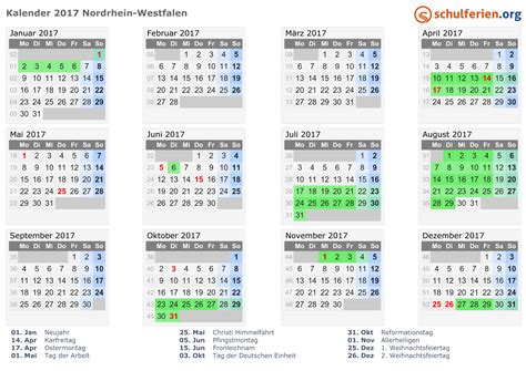 Kalender 2017 Ferien Nordrhein Westfalen Feiertage