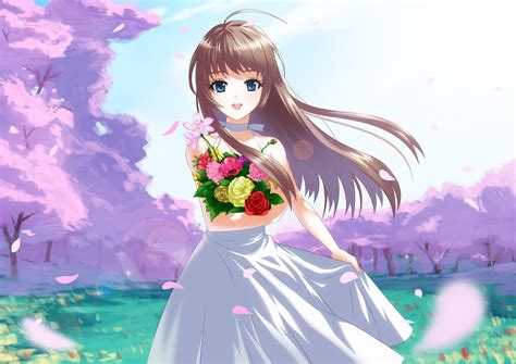 Hintergrundbilder Anime Mädchen Brünette Blumen Strauß Freude