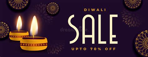 Realistic Happy Diwali Sale Banner With Glowing Diya Design Stock