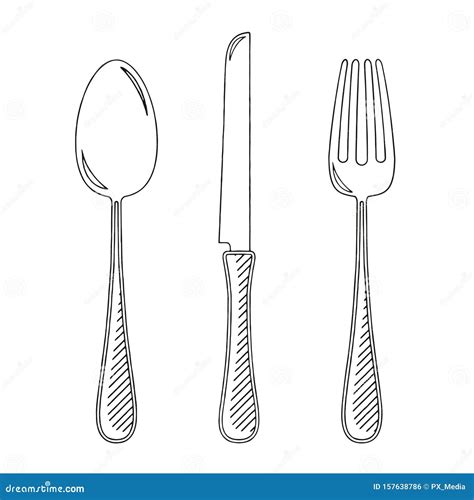 Fork Knife Spoon Black And White Illustration Drawing Stock