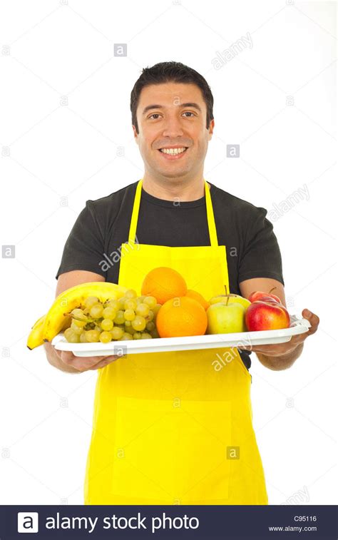 Happy Fruiterer Offering Fresh Fruits Isolated On White Background